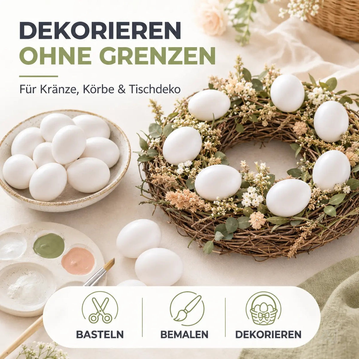 50x Plastikeier – weiße Kunststoffeier 6 cm zum Bemalen & Basteln – Ostern Dekoeier für Deko – Detailansicht 3