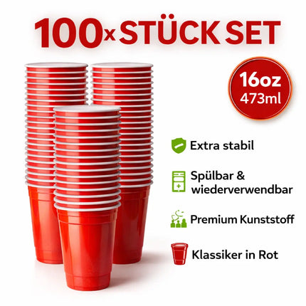 50x Red Cups 473 ml Beer Pong Becher – extra starke Partybecher wiederverwendbar für Festival, Camping & Party
