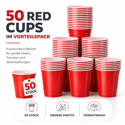 50x Red Cups 473 ml Beer Pong Becher – extra starke Partybecher wiederverwendbar für Festival, Camping & Party