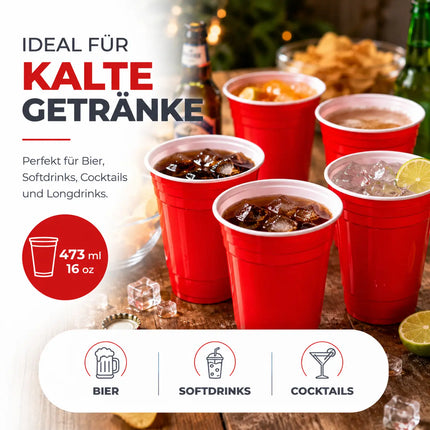 50x Red Cups 473 ml Beer Pong Becher – extra starke Partybecher wiederverwendbar für Festival, Camping & Party