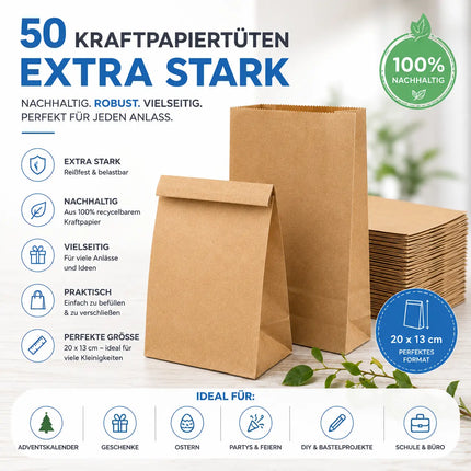 50x Stück Beutel 21x14 cm - EXTRA STARK - braune Kraftpapiertüten