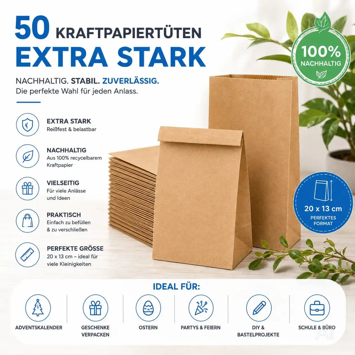 50x Stück Beutel 21x14 cm - EXTRA STARK - braune Kraftpapiertüten – Detailansicht 3