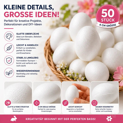 50x Styroporeier 6 cm Eier aus Styropor - Plastikeier zum Bemalen - Ostereier aus Kunststoff, Kunststoffeier, zum Basteln - Eier als Deko Dekoration an Ostern