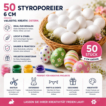 50x Styroporeier 6 cm Eier aus Styropor - Plastikeier zum Bemalen - Ostereier aus Kunststoff, Kunststoffeier, zum Basteln - Eier als Deko Dekoration an Ostern