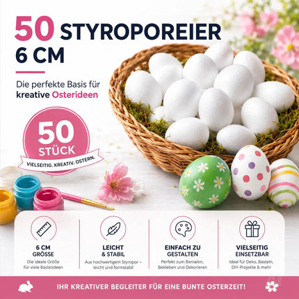 50x Styroporeier 6 cm Eier aus Styropor - Plastikeier zum Bemalen - Ostereier aus Kunststoff, Kunststoffeier, zum Basteln - Eier als Deko Dekoration an Ostern