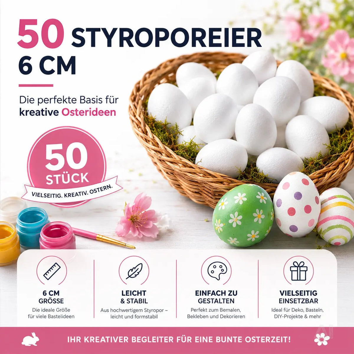 50x Styroporeier 6 cm Eier aus Styropor - Plastikeier zum Bemalen - Ostereier aus Kunststoff – Detailansicht 2