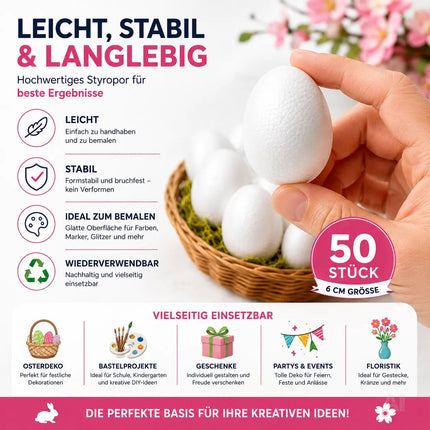 50x Styroporeier 6 cm Eier aus Styropor - Plastikeier zum Bemalen - Ostereier aus Kunststoff, Kunststoffeier, zum Basteln - Eier als Deko Dekoration an Ostern
