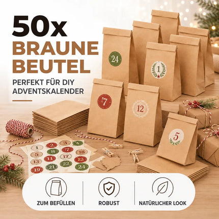 50x braune Beutel 21x14cm Kraftpapiertüten Geschenktüten Kraftpapier als DIY Adventskalender
