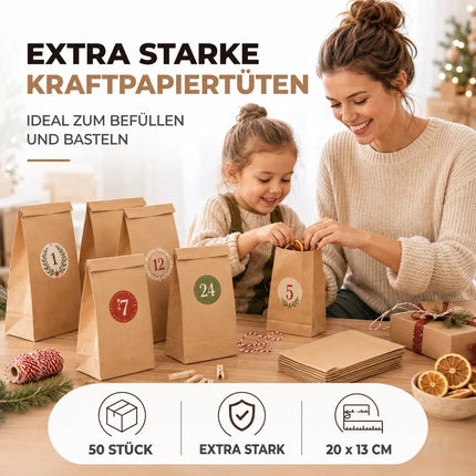 50x braune Beutel 21x14cm Kraftpapiertüten Geschenktüten Kraftpapier als DIY Adventskalender – Detailansicht 7