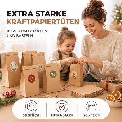 50x braune Beutel 21x14cm Kraftpapiertüten Geschenktüten Kraftpapier als DIY Adventskalender
