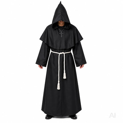 Schwarze Mönch Robe Erwachsene – Halloween Kostüm mit Kapuze