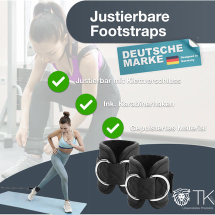 2er Fußschlaufen Set - schwarz mit Karabiner & Klettverschluss - justierbarer Footstrap für Fitness - Training - Sport - Fussmanschetten für Kabelzug für Frauen