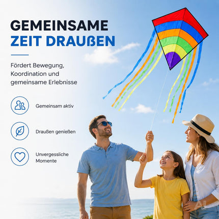 Flugdrachen Einleiner mit 80 m Drachenschnur – Bunter Drachen für Kinder & Erwachsene – Lenkdrachen für Strand, Garten & Outdoor (Blau/ Bunt)