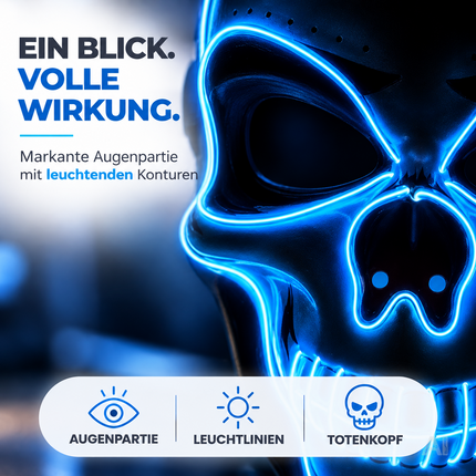 LED Halloween Totenkopf Maske im Purge-Stil, steuerbare Leuchtmaske für Herren & Damen, Kostüm-Accessoire für Fasching & Karneval (LED Totenkopf - Blau)