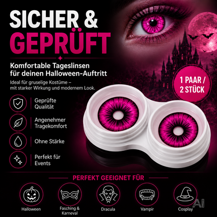 Pink Farbige & Geprüfte Kontaktlinsen - Grußlige Tageslinsen für Halloween & Fasching - ohne Stärke - Vampir & Dracula (Pink, 1 Paar / 2 Stück)