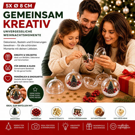 5x Weihnachtskugeln aus Kunststoff – Transparente Acrylkugeln in Glasoptik mit Aufhängeöse, Christbaumschmuck & Weihnachtsdeko - Weihnachten & Advent (5x Ø 8 cm)