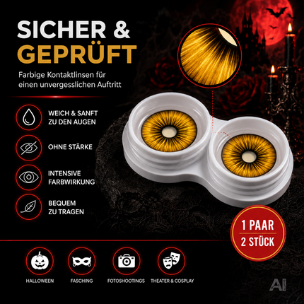 Gelb Farbige & Geprüfte Kontaktlinsen - Gruselige Tageslinsen für Halloween & Fasching - ohne Stärke - Vampir & Dracula (Gelb, 1 Paar / 2 Stück)