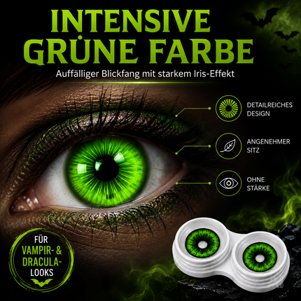 Grün Farbige & Geprüfte Kontaktlinsen - Gruselige Tageslinsen für Halloween & Fasching - ohne Stärke - Vampir & Dracula (Grün, 1 Paar / 2 Stück)