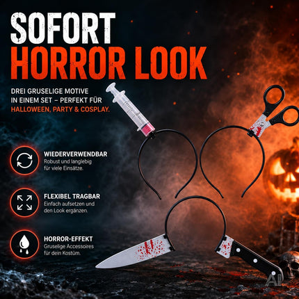 3 in 1 Halloween Horror Accessoire Set – Blutige Spritze, Messer & Schere – Grusel Zubehör für Halloween, Fasching & Kostüm