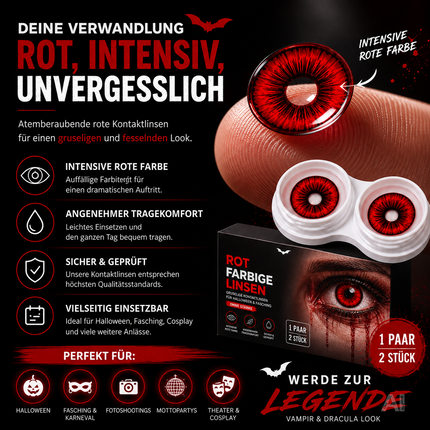 Rot Farbige & Geprüfte Kontaktlinsen - Gruselige Tageslinsen für Halloween & Fasching - ohne Stärke - Vampir & Dracula (Rot, 1 Paar / 2 Stück)