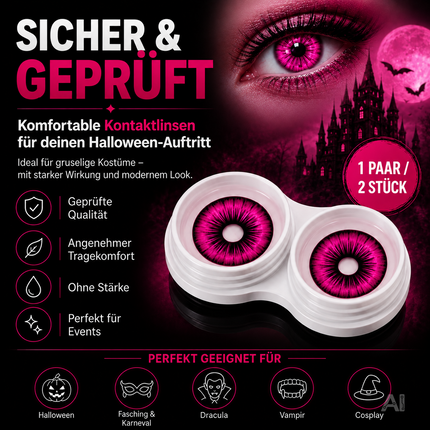 Pink Farbige & Geprüfte Kontaktlinsen - Gruselige Tageslinsen für Halloween & Fasching - ohne Stärke - Vampir & Dracula (Pink, 1 Paar / 2 Stück)