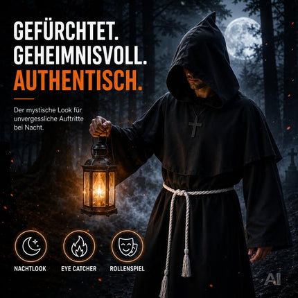 Schwarze Mönch Robe Erwachsene – Halloween Kostüm mit Kapuze