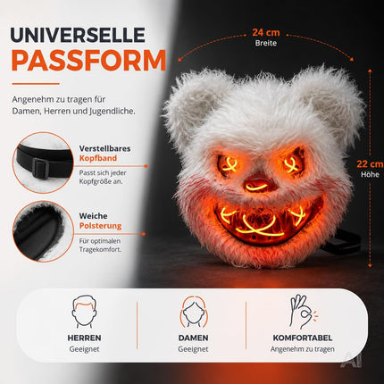 LED Teddy Halloween Maske im Purge-Stil, steuerbare Maske mit leuchtendem Gesicht für Herren & Damen, Kostüm-Accessoire für Fasching & Karneval (LED Horror Teddy)