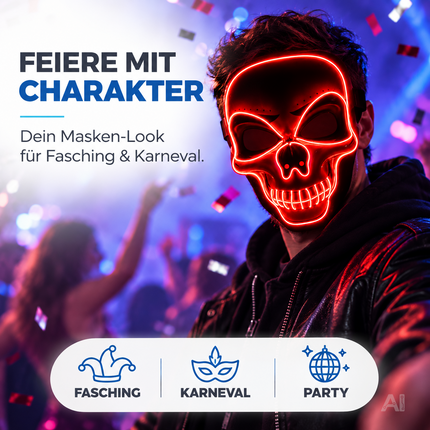 LED Halloween Totenkopf Maske im Purge-Stil, steuerbare Leuchtmaske für Herren & Damen, Kostüm-Accessoire für Fasching & Karneval (LED Totenkopf - Rot)