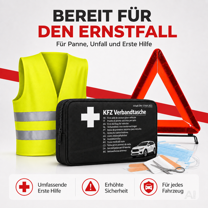 3 in 1 KFZ Set - KFZ-Verbandskasten, Warnweste, Warndreieck - Pannenset & Unfallzubehör für PKW – Detailansicht 5