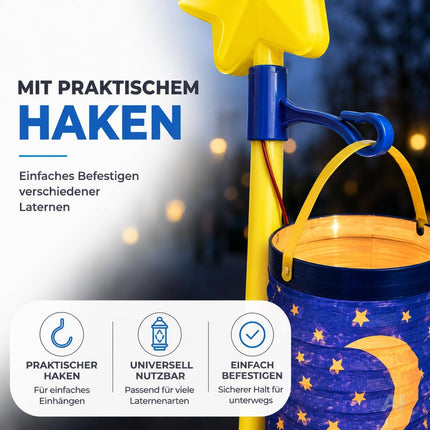 Elektrischer Laternenstab Stern – heller Laternenstab mit Haken für St. Martin, Halloween & Laternenumzug – für AA Batterien