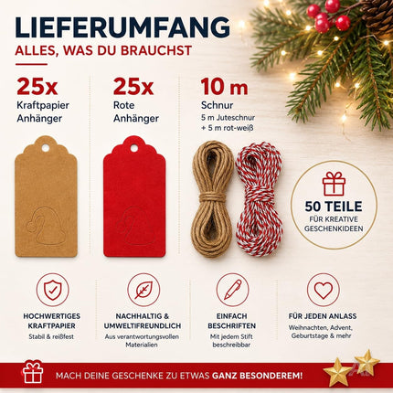 50x Weihnachtsanhänger mit 10 m Schnur – Geschenkanhänger zum Verzieren von Weihnachtsgeschenken, Geschenkdeko für Weihanchten & Advent (50 Set - Mod. 02)