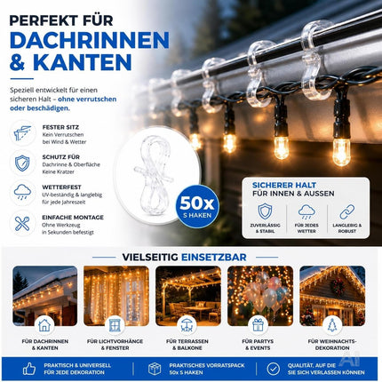 50x S-Haken für Lichterketten & Lichtvorhänge – Dachrinnenhaken zur Befestigung von Weihnachtsbeleuchtung, praktische Halterung für Weihnachtsdeko (50x S Haken)