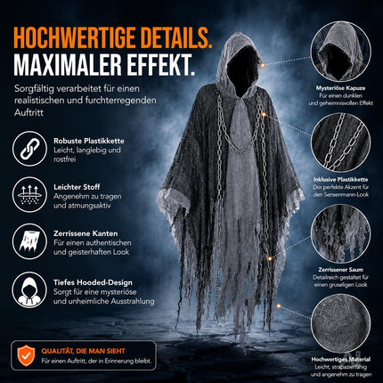 Sensenmann Kostüm Erwachsene – Schwarzer Halloween Umhang mit Kette