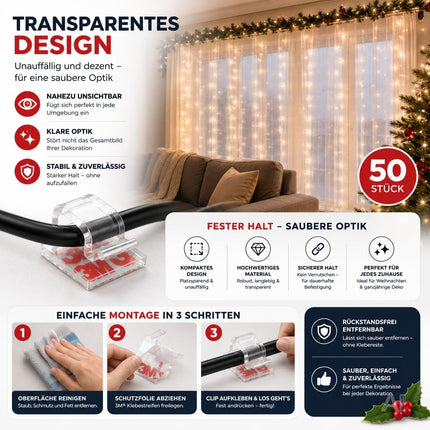 50x Selbstklebende Clips für Lichterketten & Lichtvorhänge – Klebehaken mit Klebestreifen zur Befestigung von Weihnachtsbeleuchtung (50x Klebehaken)