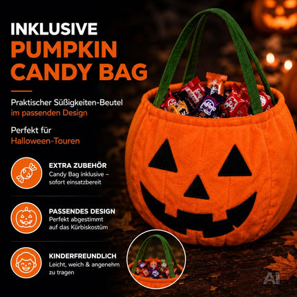 Kinder Kürbis Kostüm ab 3 Jahren – Halloween Set mit Tragetasche