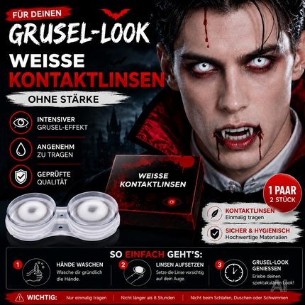 Weiße Farbige & Geprüfte Kontaktlinsen - Gruselige Tageslinsen für Halloween & Fasching - ohne Stärke - Vampir & Dracula (weiß, 1 Paar / 2 Stück)