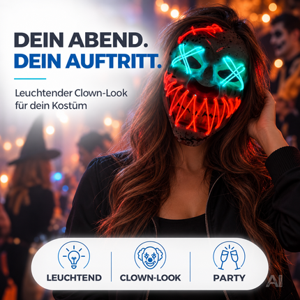LED Halloween Clown Maske im Purge-Stil, steuerbare Leuchtmaske mit leuchtendem Gesicht für Herren & Damen, Kostüm-Accessoire für Fasching & Karneval (LED Horror Clown)