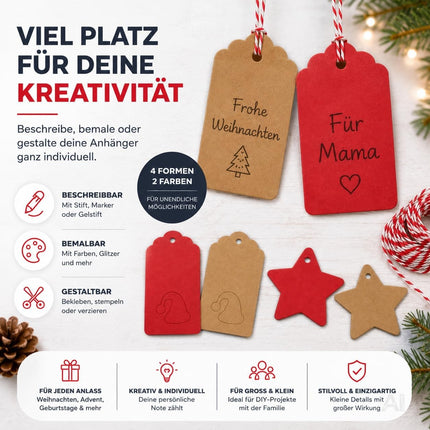 50x Weihnachtsanhänger mit 10 m Schnur – Geschenkanhänger zum Verzieren von Weihnachtsgeschenken, Geschenkdeko für Weihanchten & Advent (50 Set - Mod. 01)