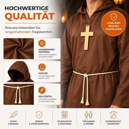Mönch Kostüm Priester – Mönchskutte mit Kreuz & Kapuze – für Fasching & Karneval & Halloween – Damen & Herren
