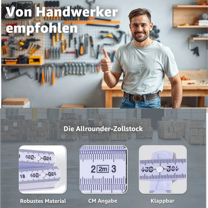 5x Premium Zollstock - Maßstab Gliedermaßstab - 200 cm - Meterstab - Maßband weiß