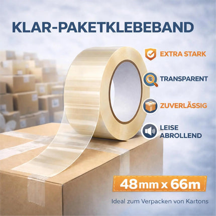 6 Rollen transparentes Klebeband à 66 m – extra starkes Packband für Pakete & Kartons, geeignet für Paketbandabroller, zuverlässiges Verpacken