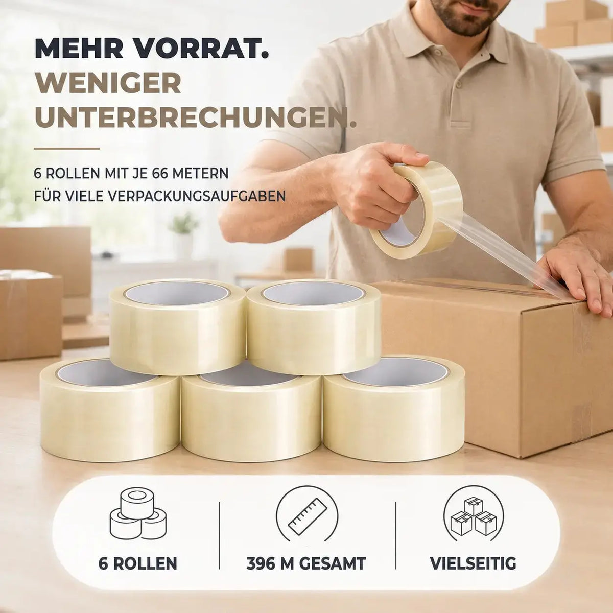 6 Rollen transparentes Klebeband à 66 m – extra starkes Packband für Pakete & Kartons, geeignet für Paketbandabroller, zuverlässiges Verpacken