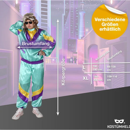 6 in 1 Vokuhila Kostüm Set 80er Outfit Kostüm mit Unisex Trainingsanzug, Assi Perücke