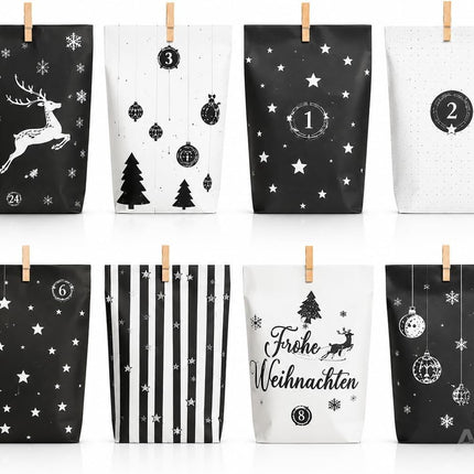 Adventskalender mit 24 Tüten Modell 3 in Schwarz und Weiß mit Weihnachtsmotiven – Setübersicht