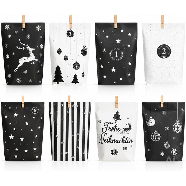 Adventskalender mit 24 Tüten Modell 3 in Schwarz und Weiß mit Weihnachtsmotiven – Setübersicht
