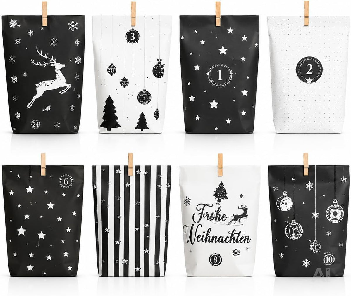 Adventskalender zum Befüllen – 24 Tüten Modell 3 mit Zahlenaufklebern 1–24 und Klammern, DIY-Weihnachtskalender zum Basteln und Verschenken, Papiertüten als Geschenkverpackung für kleine Überraschungen