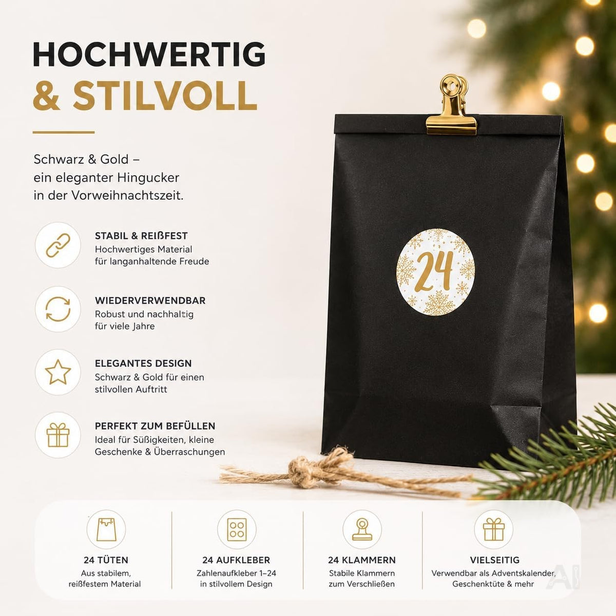 Adventskalender mit 24 Tüten Modell 1 in Schwarz und Gold – Produktmotiv 6