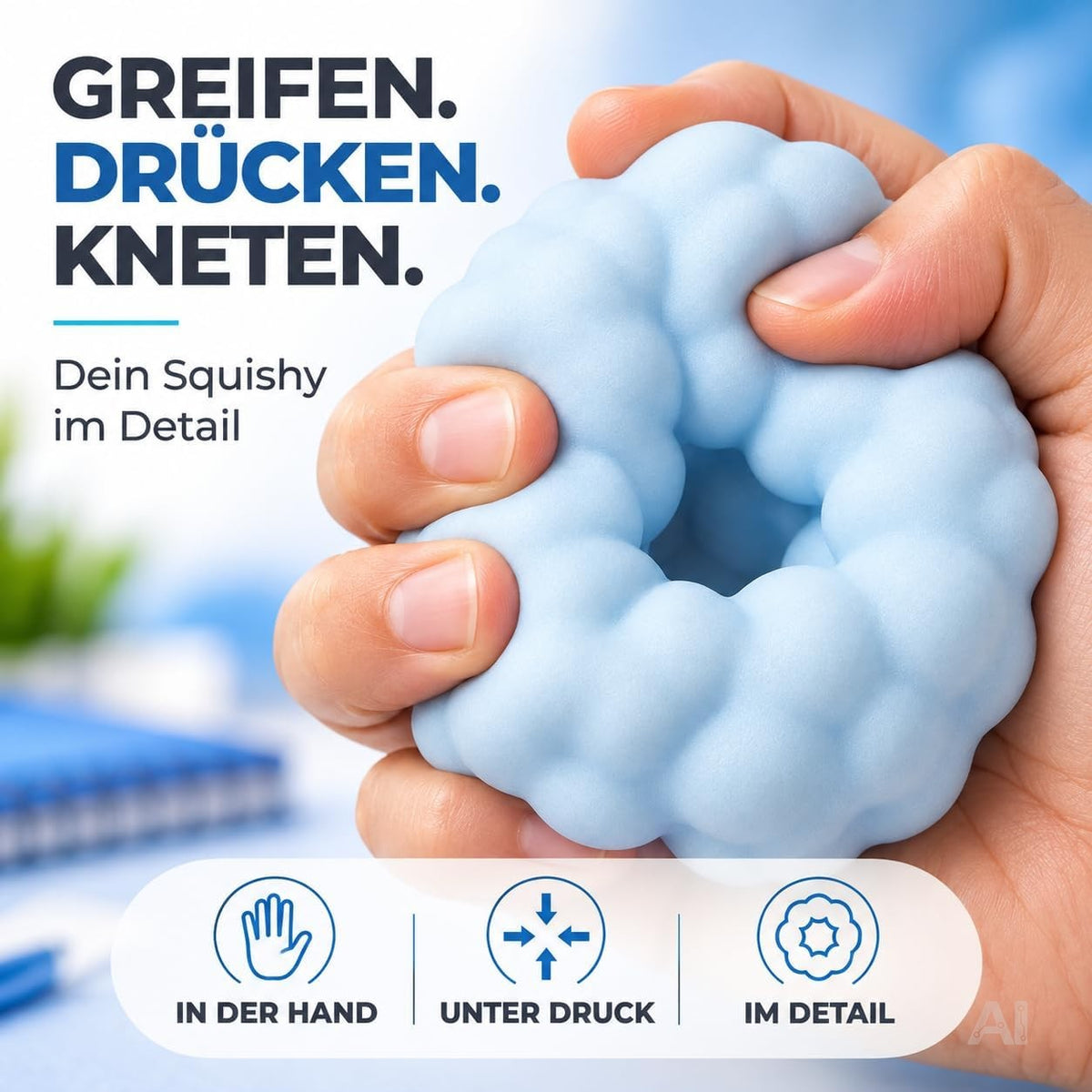 Blauer Squishy wird mit der Hand zusammengedrückt