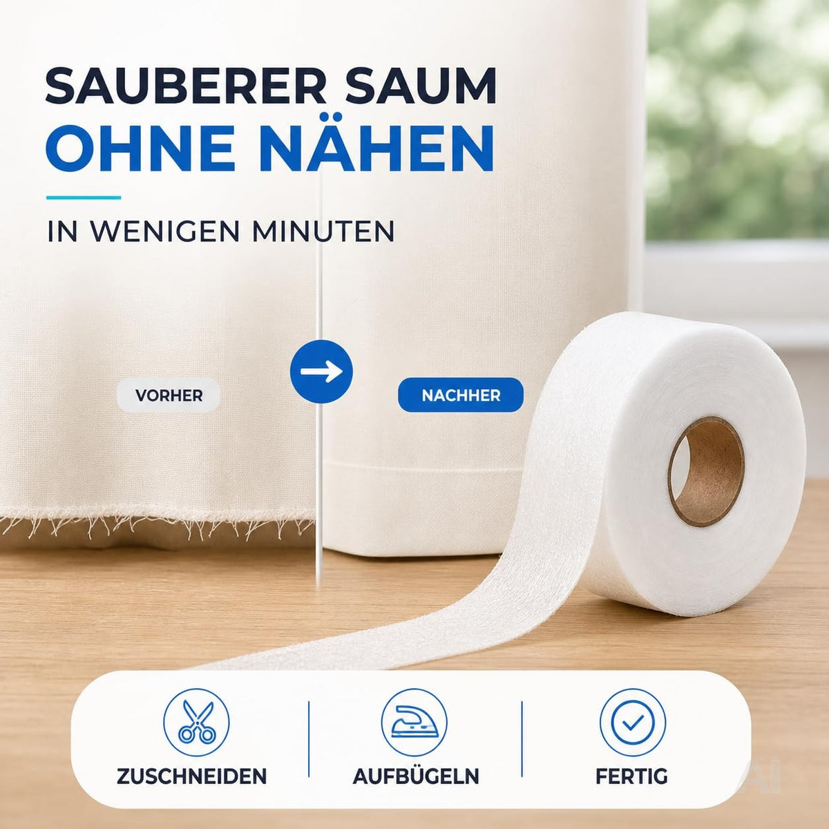 Saumband zum Aufbügeln – neben einem Vorhang