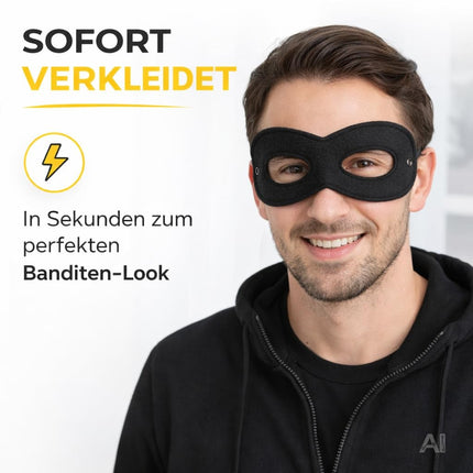 Schwarze Augenmaske für ein Banditenkostüm – von einem Mann getragen